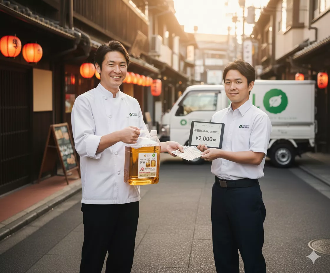 Friendly chef handing over oil for cash